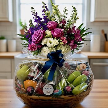 Fruit & Gourmet Basket with Flowers